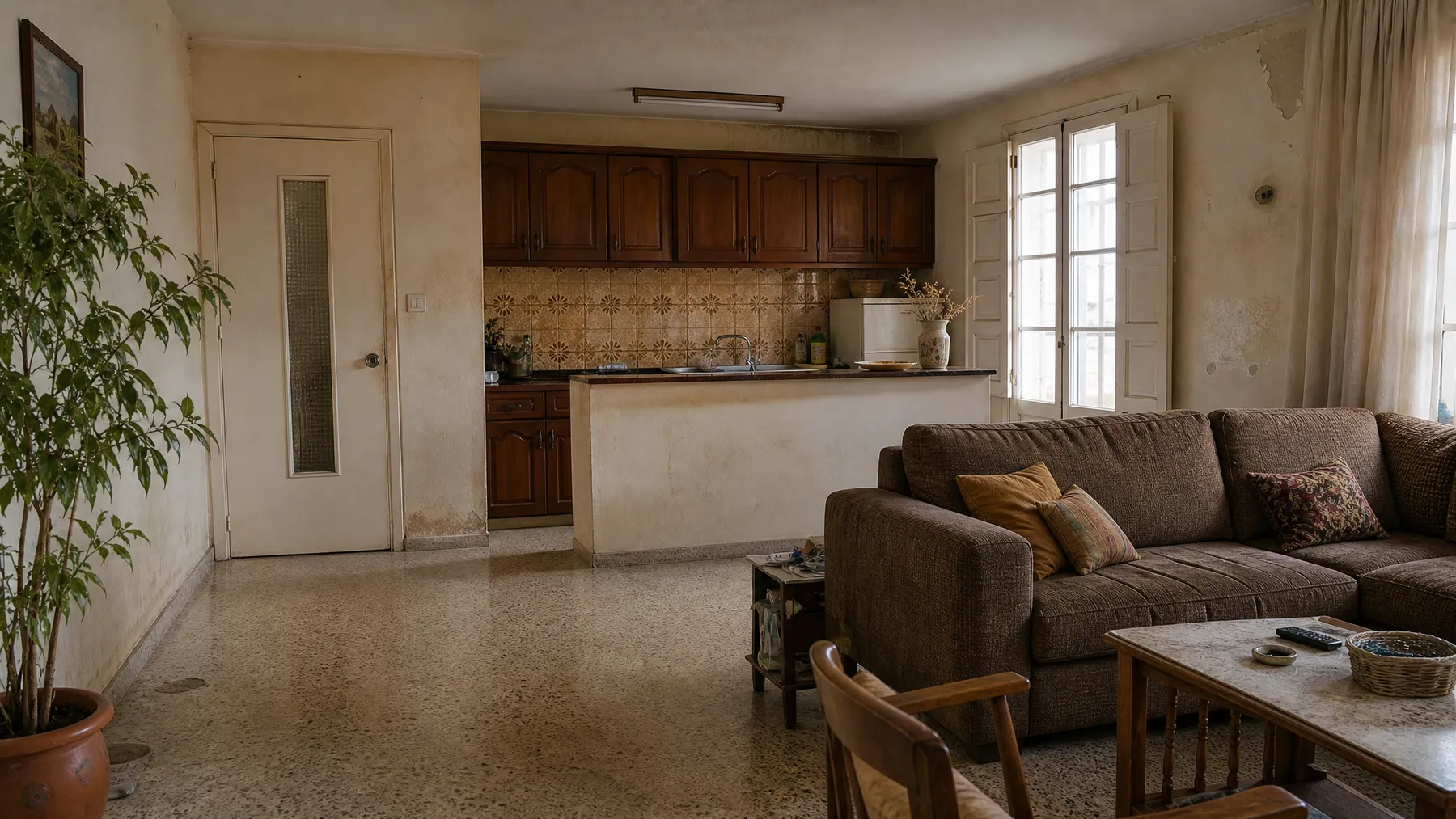 Salón y cocina de un piso antiguo antes de la reforma